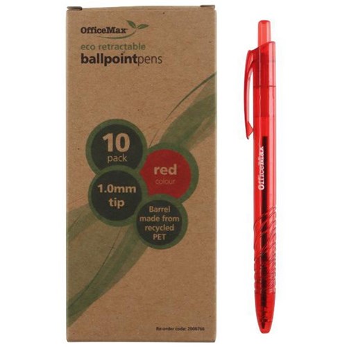 OfficeMax Eco Red Retractable Ballpoint Pen 1.0mm Medium Tip, Box of 10