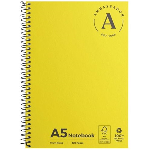Ambassador A5 Spiral Notebook FSC 7mm Ruled 320 Pages Yellow