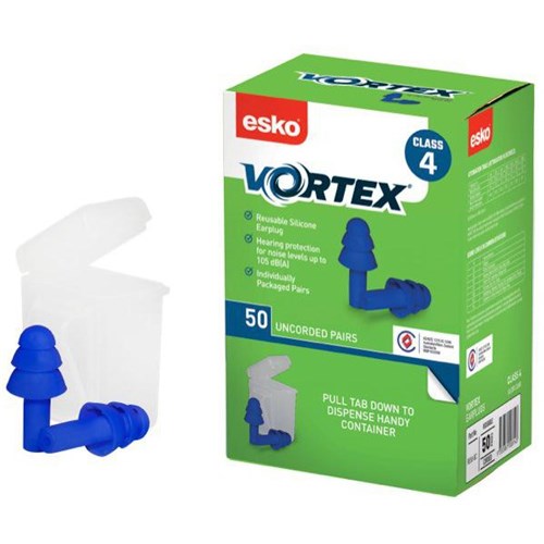 Esko Vortex RE50-BU Reusable Earplugs Class 4 Uncorded, Box of 50 pairs