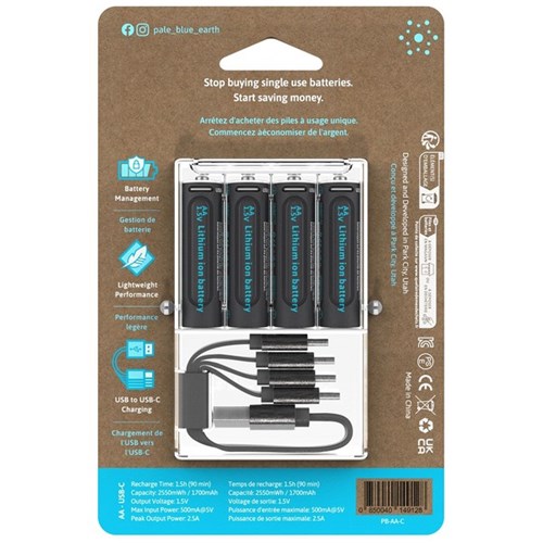 Pale Blue AA USB-C Rechargeable Batteries, Pack of 4