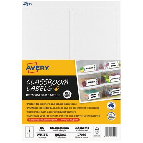 Avery 4Up Classroom Labels 99.1x139mm White, 4 Per Sheet