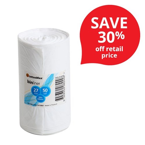 OfficeMax Plastic Rubbish Bags, 500x650mm 14 Micron, White, Roll of 50