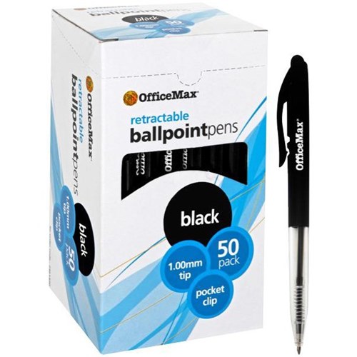 OfficeMax Black Retractable Ballpoint Pens 1.0mm Medium Tip, Pack of 50