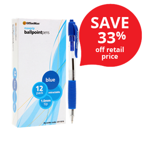 Officemax Blue Retractable Ballpoint Pen Max Grip, Box of 12 OfficeMax NZ
