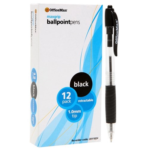 OfficeMax MaxGrip Black Retractable Ballpoint Pen 1.0mm Medium Tip, Box of 12
