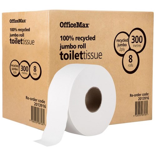 OfficeMax Eco Toilet Tissue 100% Recycled Jumbo Roll 2 Ply 300m, Carton of 8 Rolls