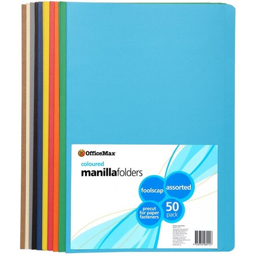 OfficeMax Manilla Folders Foolscap Assorted Colours, Pack of 50