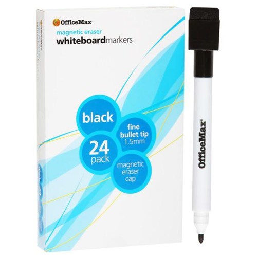 OfficeMax Black Mini Magnetic Whiteboard Marker With Eraser, Pack of 24