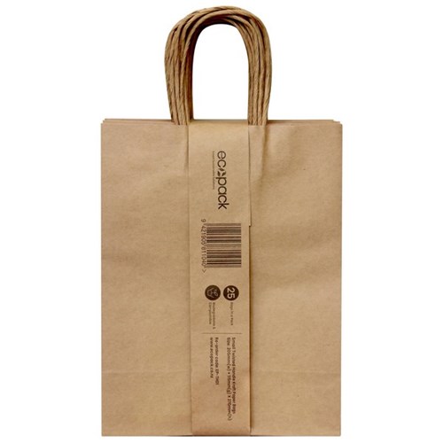 Ecopack Twisted Handle Paper Bags Small 205 x 115 x 270mm Brown, Pack of 25