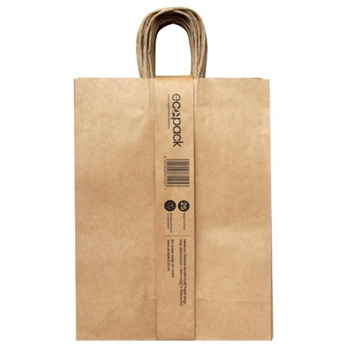 Ecopack Twisted Handle Paper Bags Medium 260 x 120 x 360mm Brown, Pack of 25