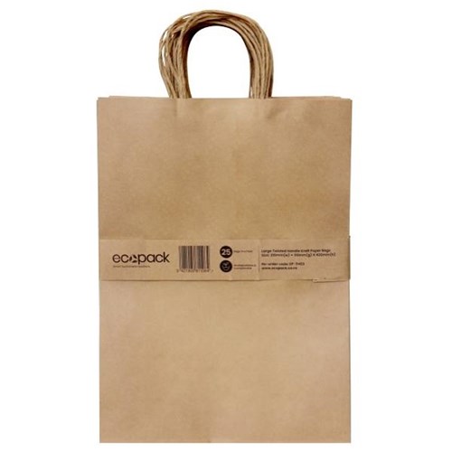 Ecopack Twisted Handle Paper Bags Large 310 x 110 x 420mm Brown, Pack of 25
