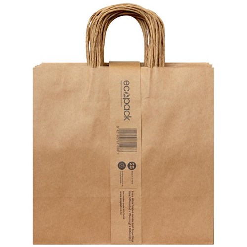 Ecopack Twisted Handle Paper Bags Extra Wide 300 x 170 x 300mm Brown, Pack of 25