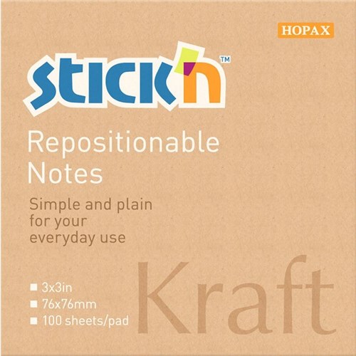 Stick'n Notes 76 x 76mm Kraft, 100 Sheets