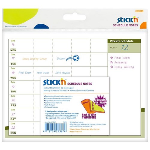 Stick'n Notes Monthly/Weekly Schedule 150 x 203mm, 40 Sheets