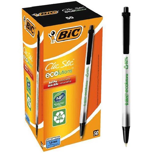 BIC ECOlutions Clic Stic Black Ballpoint Pens 1.0mm Medium Tip, Box of 50