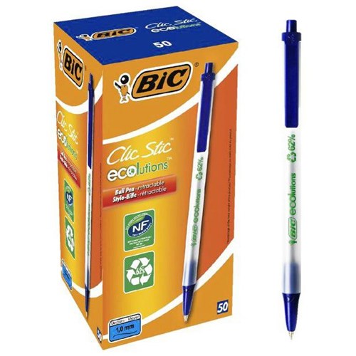 BIC ECOlutions Clic Stic Blue Ballpoint Pens 1.0mm Medium Tip, Box of 50