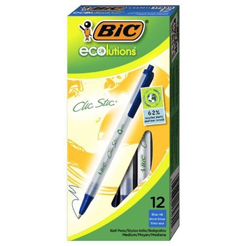 BIC ECOlutions Clic Stic Blue Ballpoint Pens 1.0mm Medium Tip, Box of 12