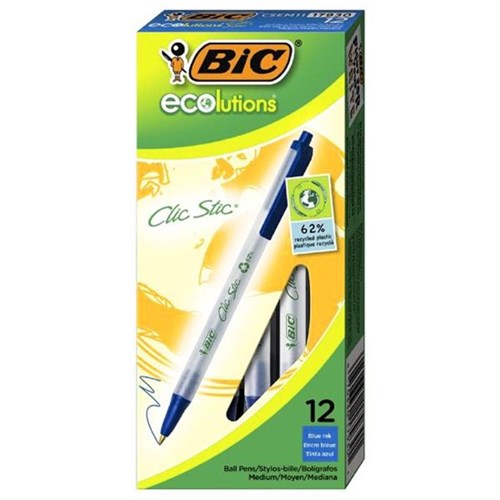 BIC ECOlutions Clic Stic Blue Ballpoint Pens 1.0mm Medium Tip, Box of 12
