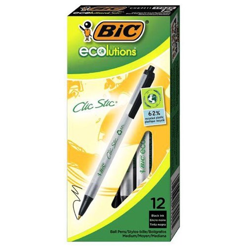 BIC ECOlutions Clic Stic Black Ballpoint Pens 1.0mm Medium Tip, Box of 12