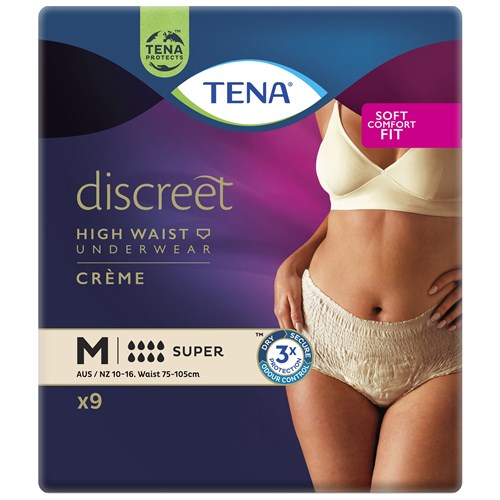 TENA Discreet Creme Incontinence Pants Women's Super High Waist Medium, Pack of 9
