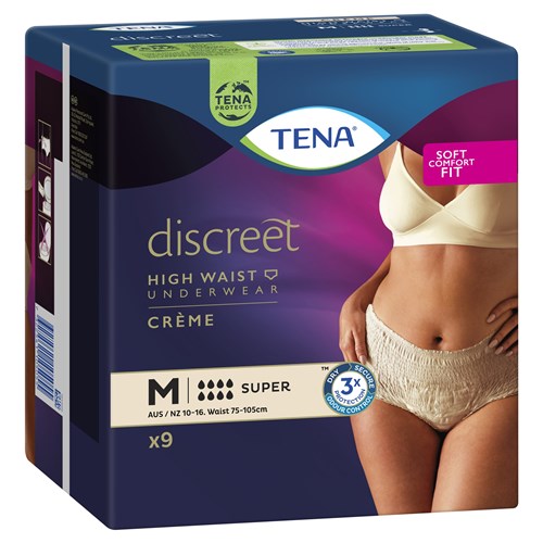 TENA Discreet Creme Incontinence Pants Women's Super High Waist Medium, Pack of 9