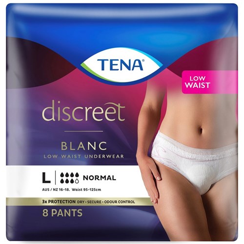 TENA Discreet Blanc Incontinence Pants Women's Normal Low Waist Large, Pack of 8