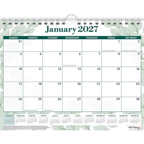 Sasco Life Design Wall Calendar 870x610mm 2027 Willow