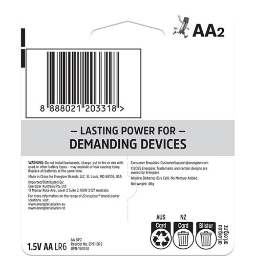 Energizer E2 Advanced AA Batteries, Pack of 2