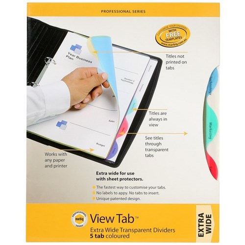 Marbig View Index Dividers 5 Tab Extra Wide A4 Assorted Colours