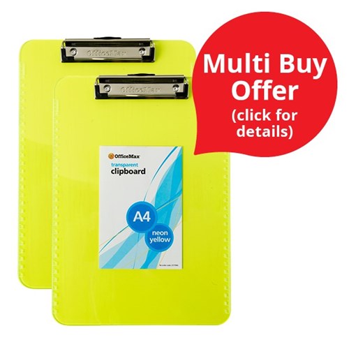 OfficeMax Transparent Clipboard A4 Neon Yellow Plastic OfficeMax NZ