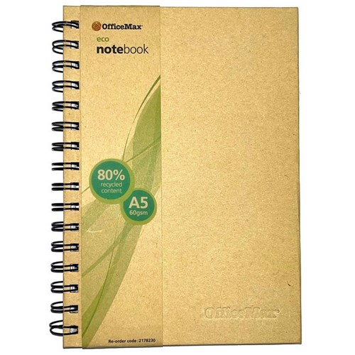 OfficeMax Eco A5 Spiral Hard Cover Recycled Notebook 160 Pages