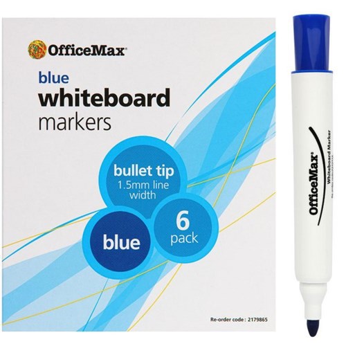 OfficeMax Blue Whiteboard Markers Bullet Tip, Pack of 6