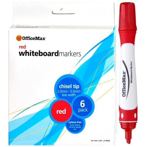OfficeMax Red Whiteboard Markers Chisel Tip, Pack of 6 OfficeMax NZ