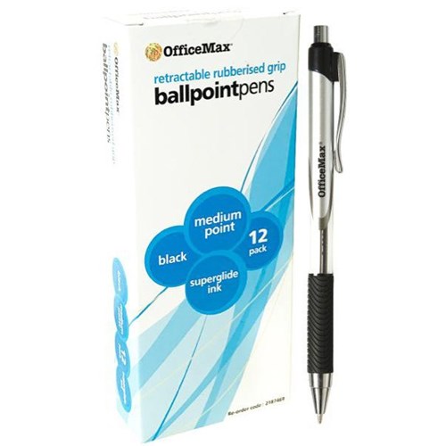 OfficeMax Black Retractable Rubber Grip Ballpoint Pens 1.0mm Medium Tip, Pack of 12