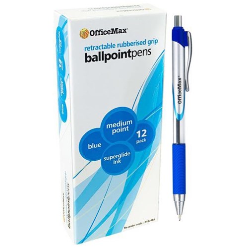 OfficeMax Blue Retractable Rubber Grip Ballpoint Pens 1.0mm Medium Tip, Pack of 12