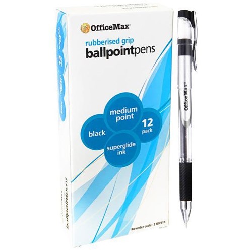 OfficeMax Black Capped Ballpoint Pens 1.0mm Medium Tip With Grip, Pack of 12