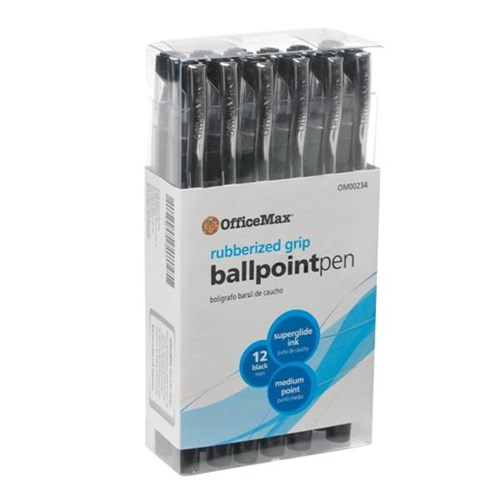 OfficeMax Black Capped Ballpoint Pens Medium Tip With Grip, Pack of 12