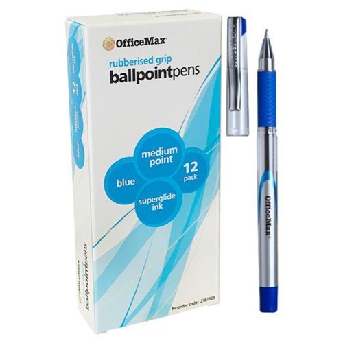OfficeMax Blue Capped Ballpoint Pens 1.0mm Medium Tip With Grip, Pack of 12