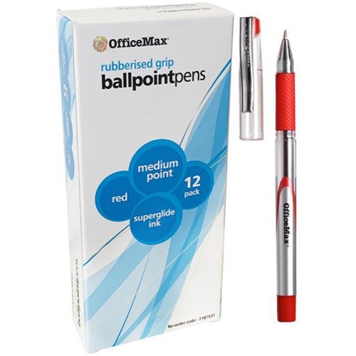 OfficeMax Red Capped Ballpoint Pens 1.0mm Medium Tip With Grip, Pack of 12