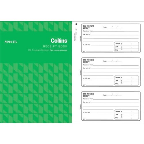 Collins A5/50 3TL Receipt Book NCR Triplicate Set of 150