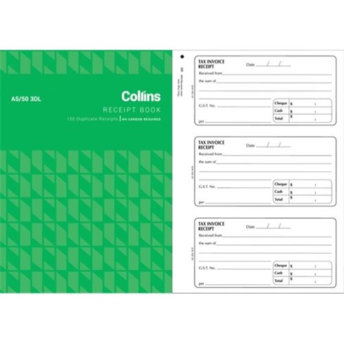 Collins A5/50 3DL Receipt Book NCR Duplicate Set of 150