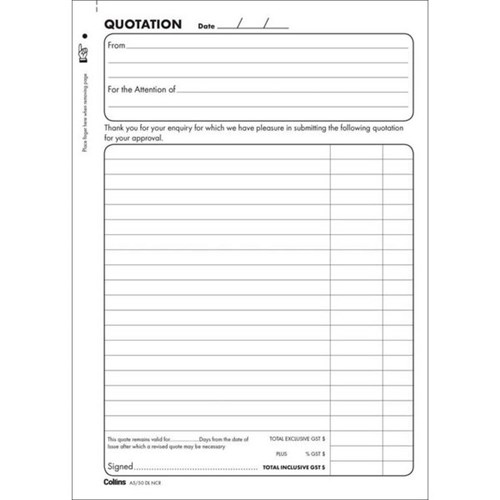 Collins A5/50DL Quotation Book NCR Duplicate Set of 50