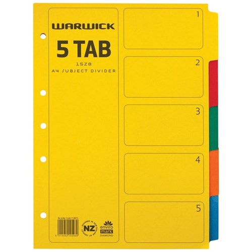Warwick Student Index Dividers 5 Tab A4 Cardboard Coloured
