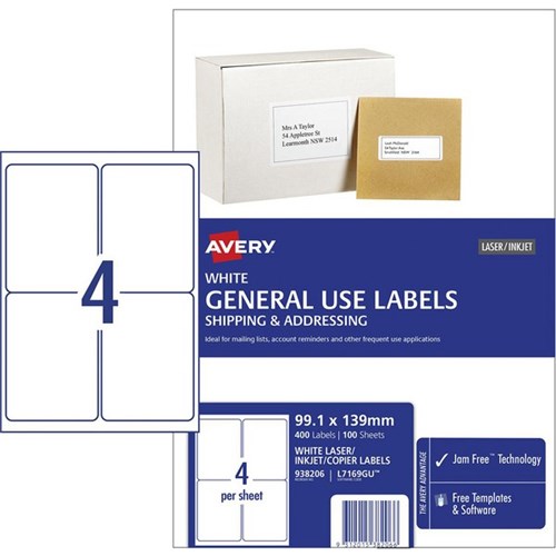 Avery General Use Labels L7169 4 Per Sheet