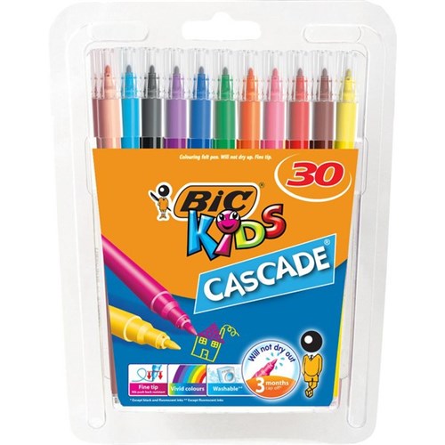 BIC Kids Cascade Felt Tip Markers Assorted Colours, Pack of 30