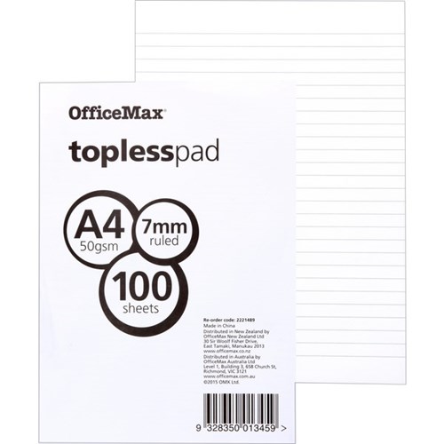 OfficeMax A4 Topless Pad 50gsm 100 Sheets Lined