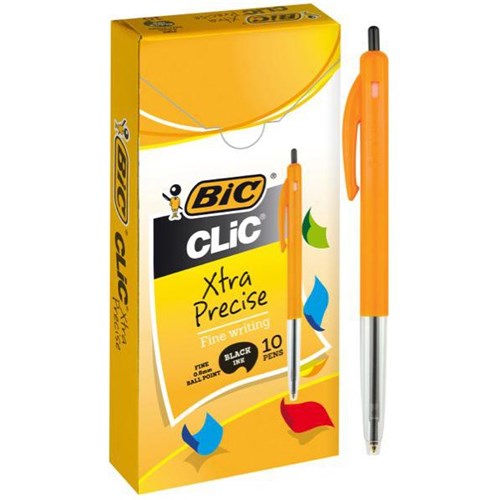 BIC Clic Black Retractable Ballpoint Pens 0.8mm Fine Tip Orange Barrel, Pack of 10