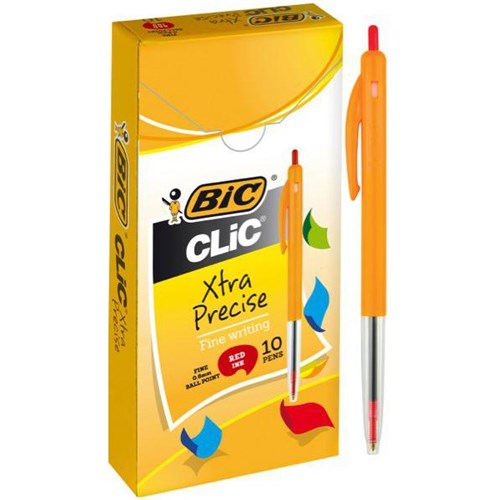BIC Clic Red Retractable Ballpoint Pens 0.8mm Fine Tip Orange Barrel, Pack of 10