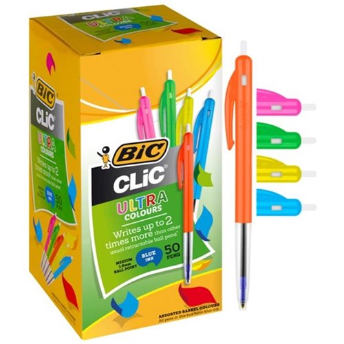 Bic Clic Blue Ballpoint Pens Medium Tip Colour Barrels, Pack of 50