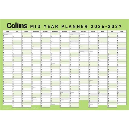 Collins A2 Mid Year Wall Planner 1 June 2026 to 30 June 2027